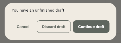 The unfinished-event prompt offers Cancel, Discard draft and Continue draft.