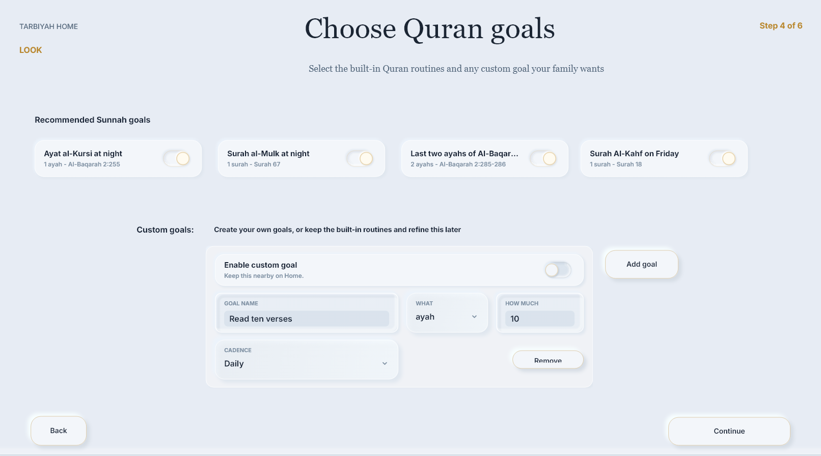 Review the Quran goals offered, then choose Continue.