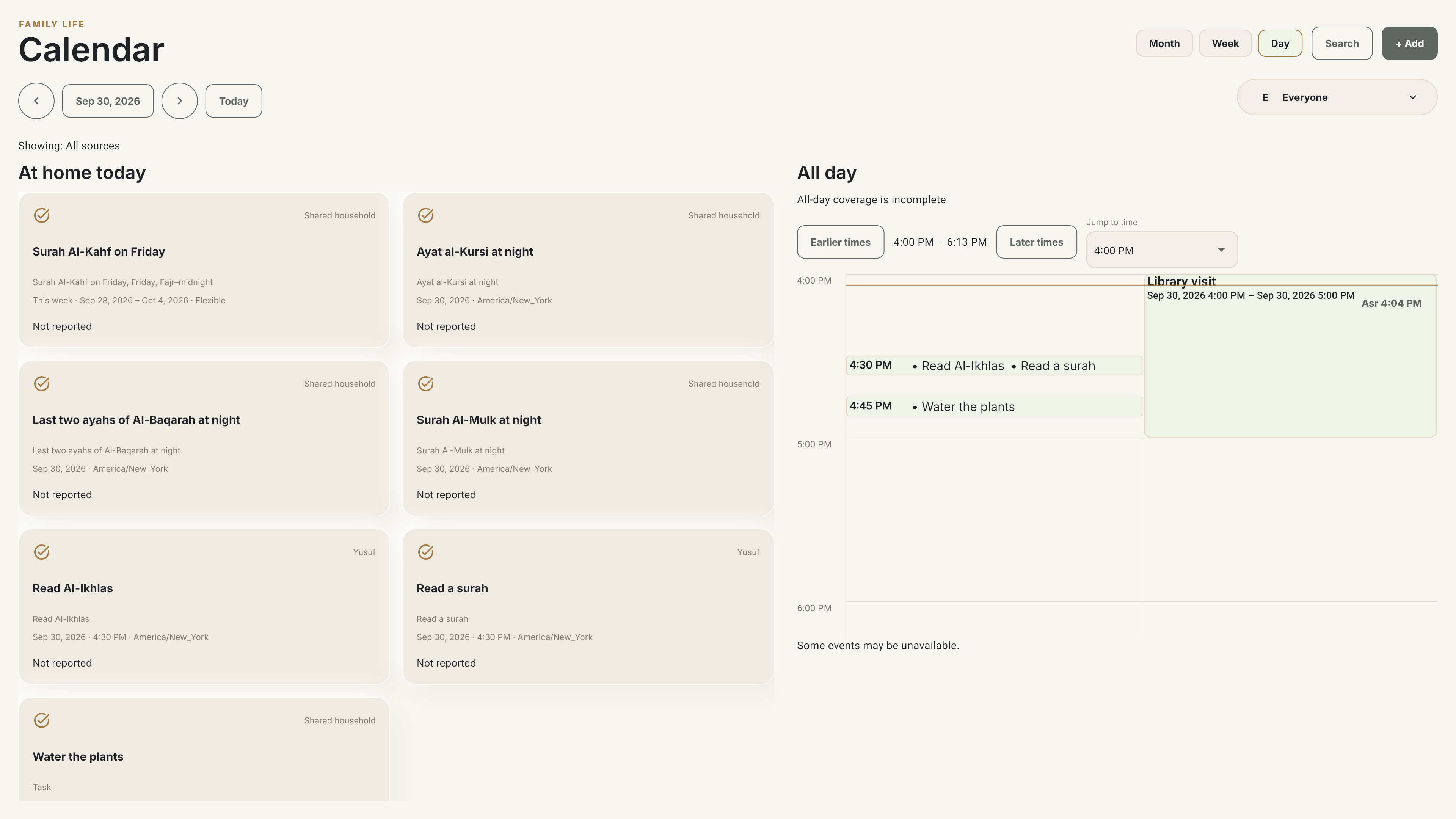 Calendar main screen